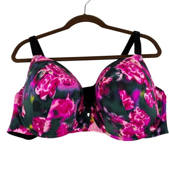 Torrid Perfect T Lightly Lined T-Shirt Bra 46D Pink Green Floral Print Underwire - Picture 1 of 10